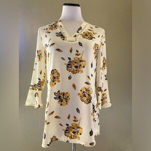 Ivory, Black and Tan V Neck Floral Print Blouse by Maurices